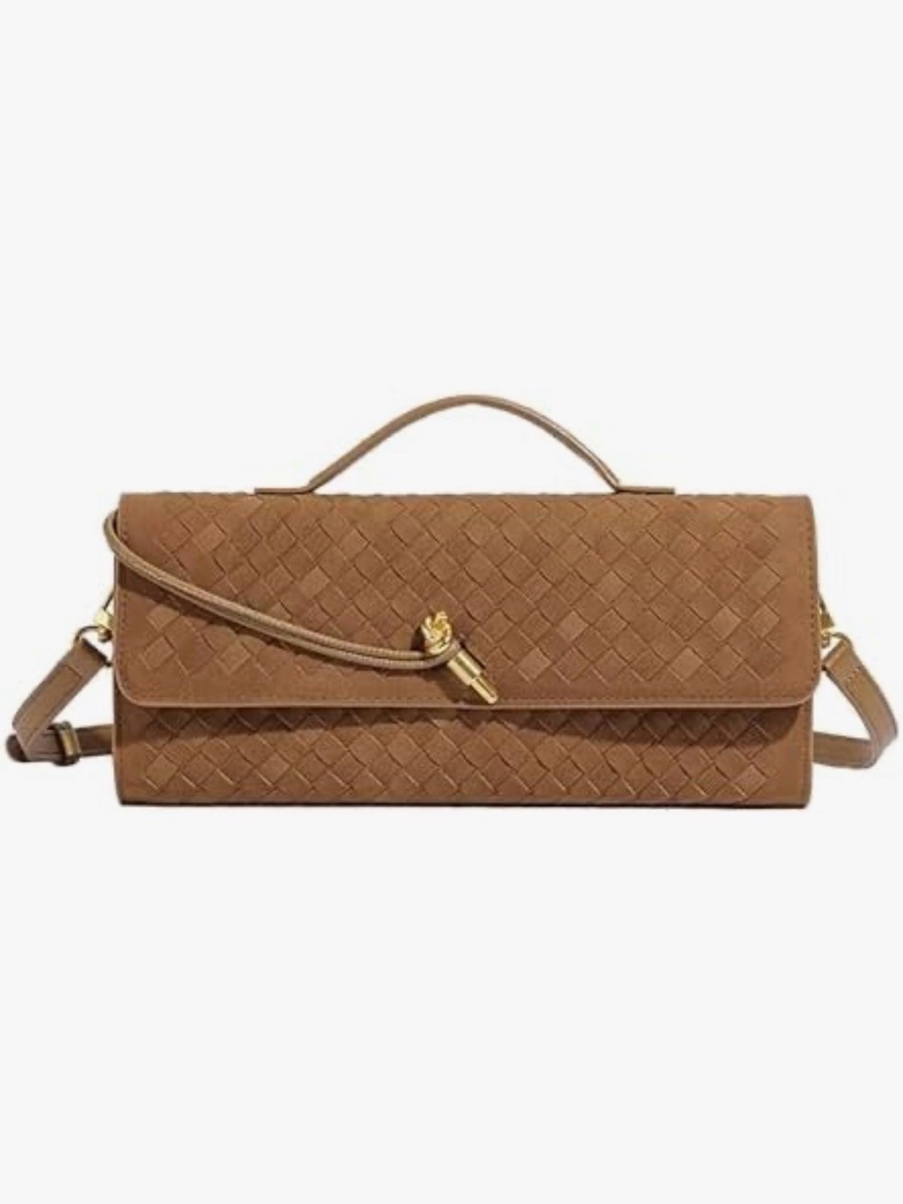 Woven Leather Top-Handle Clutch in Tan